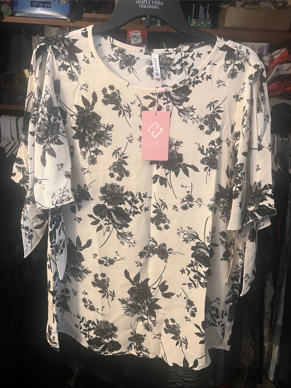 Jouico Cream Floral Tie-Sleeve Blouse